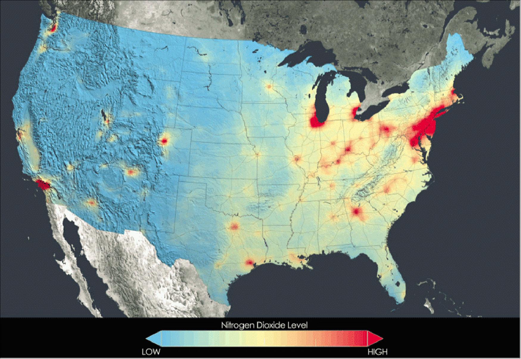 Figure 47: Nitrogen dioxide pollution, averaged yearly from 2005-2011, has decreased across the United States (image credit: NASA Goddard's Scientific Visualization Studio, T. Schindler)