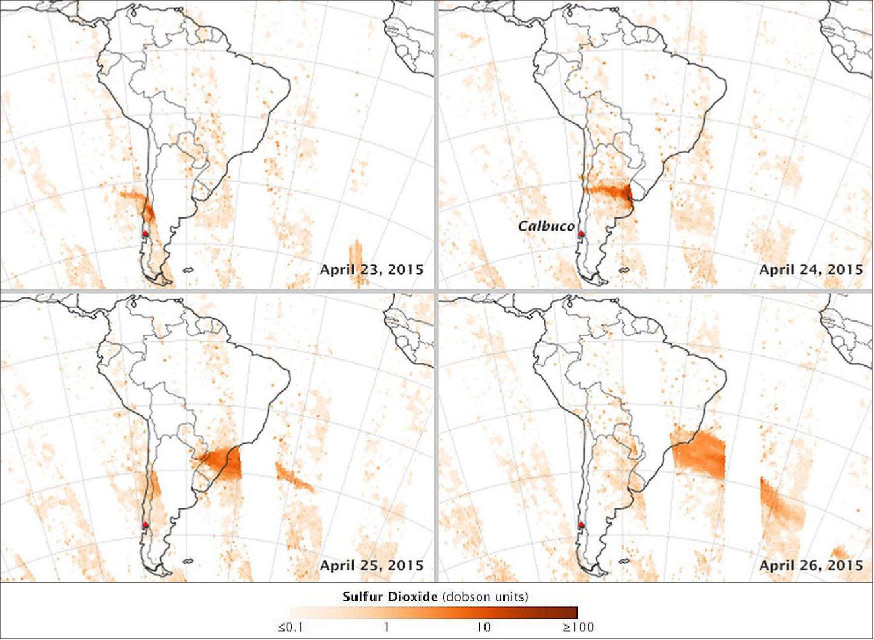 Figure 45: The OLI measurements were acquired on four days in April 2015. On the maps, data appear in stripes or swaths, revealing the areas observed (colored) or not observed (clear) by the Aura spacecraft on a given day. Note how the plume moves north and east with the winds. By April 28, the plume of SO2 had reached the Indian Ocean (image credit: NASA Earth Observatory, Jesse Allen)