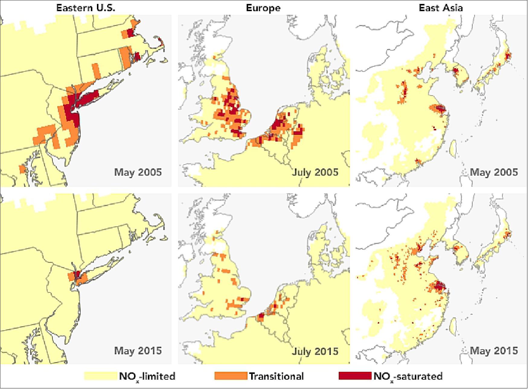 Figure 34: OMI on NASA's Aura satellite acquired these data in the timeframe 2005-2015 (image credit: NASA Earth Observatory, image by Joshua Stevens, using data from Xiaomeng Jin, et al. (2017). Story by Ellen Gray, NASA’s Earth Science News Team, with Mike Carlowicz, Earth Observatory)