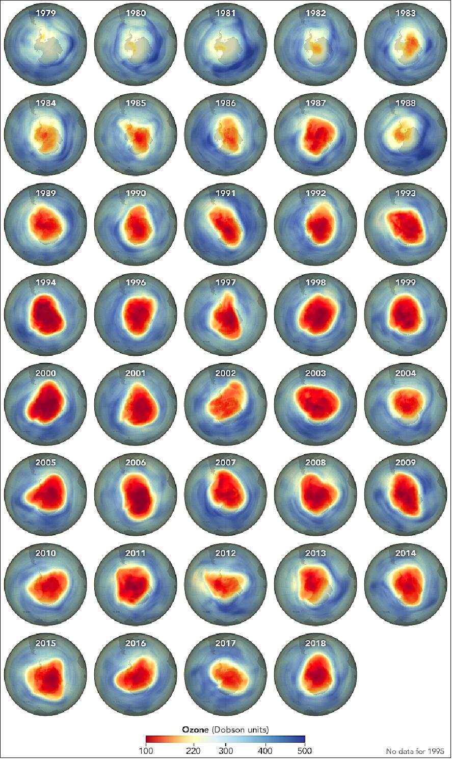Figure 28: This map series shows the day of minimum concentration in every year since 1979, except 1995, when no data was available (image credit: NASA Earth Observatory image by Joshua Stevens, using data courtesy of NASA Ozone Watch., edited by Mike Carlowicz using a story by Ellen Gray, NASA's Earth Science News Team, and Theo Stein, NASA)