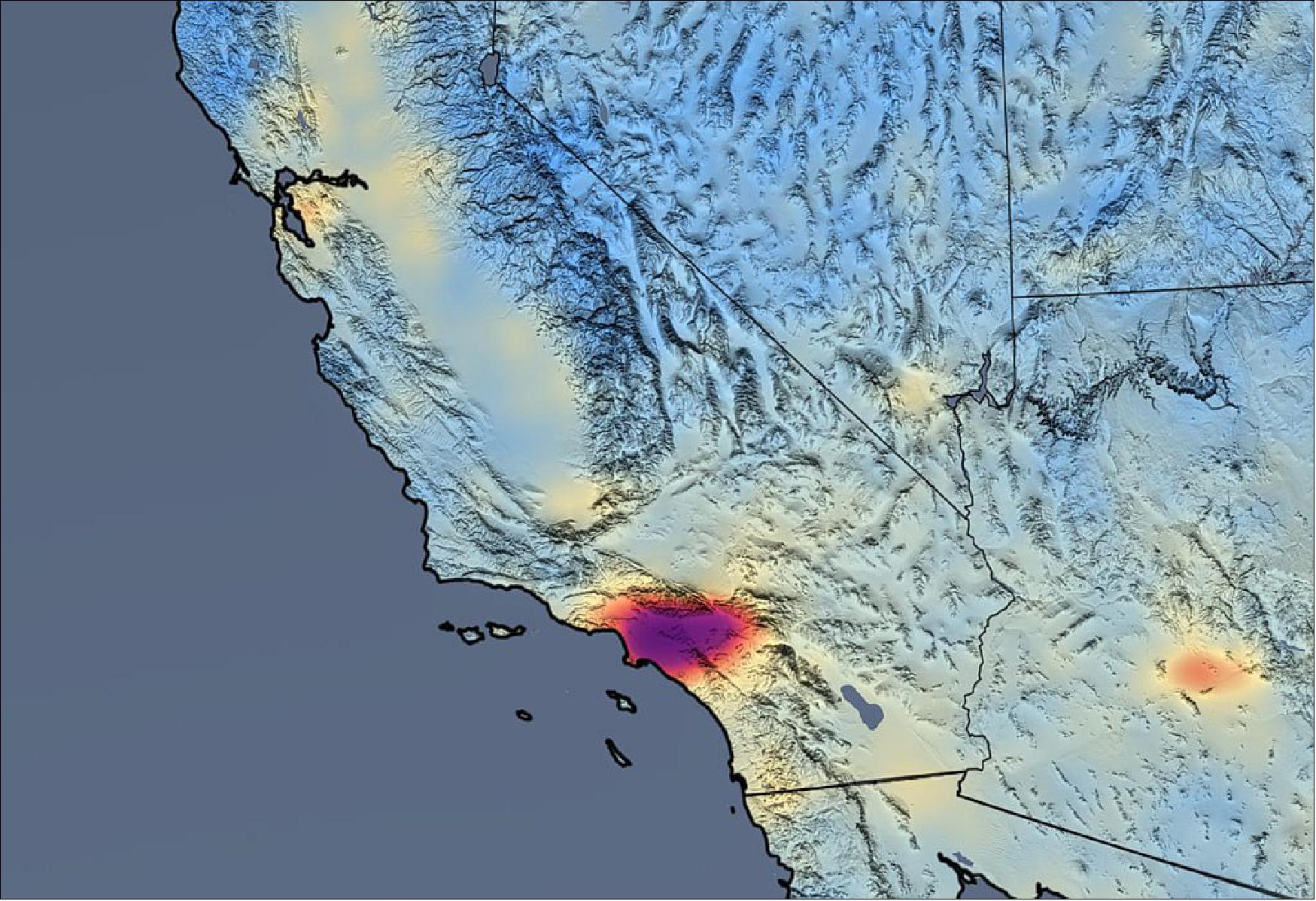Figure 15: This image shows satellite estimates of NO2 from Aura’s Ozone Monitoring Instrument (OMI) as an average of the period March 25 through April 25 for 2020 (image credit: NASA)