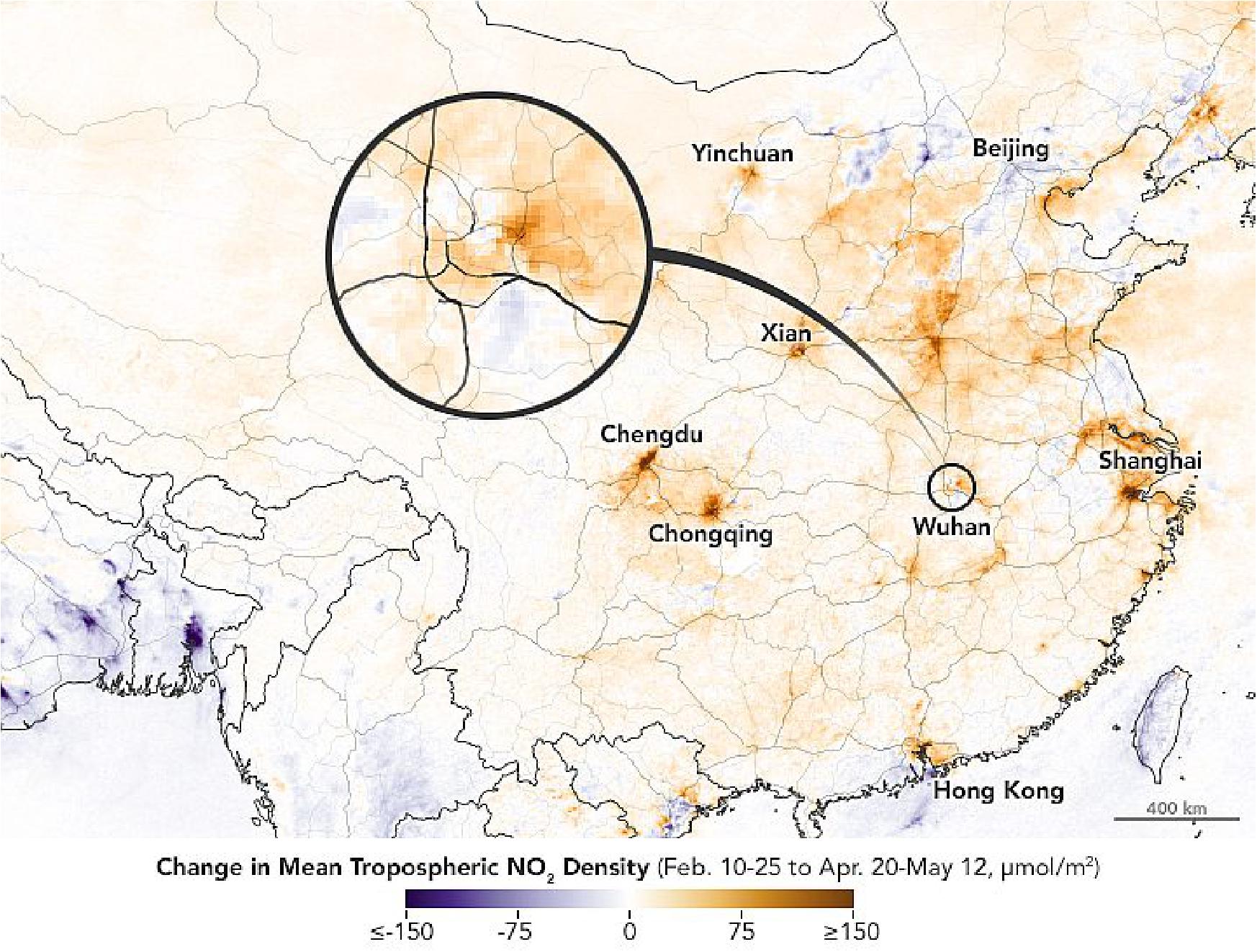 Figure 13: This map shows the changes in NO2 levels between the two periods. Orange areas depict increases (mainly in China) since February, while blue areas have seen decreases (such as India and Bangladesh, which were still under quarantine). These data were collected by the Tropospheric Monitoring Instrument (TROPOMI) on the European Commission’s Copernicus Sentinel-5P satellite, built by the European Space Agency (image credit: NASA Earth Observatory)