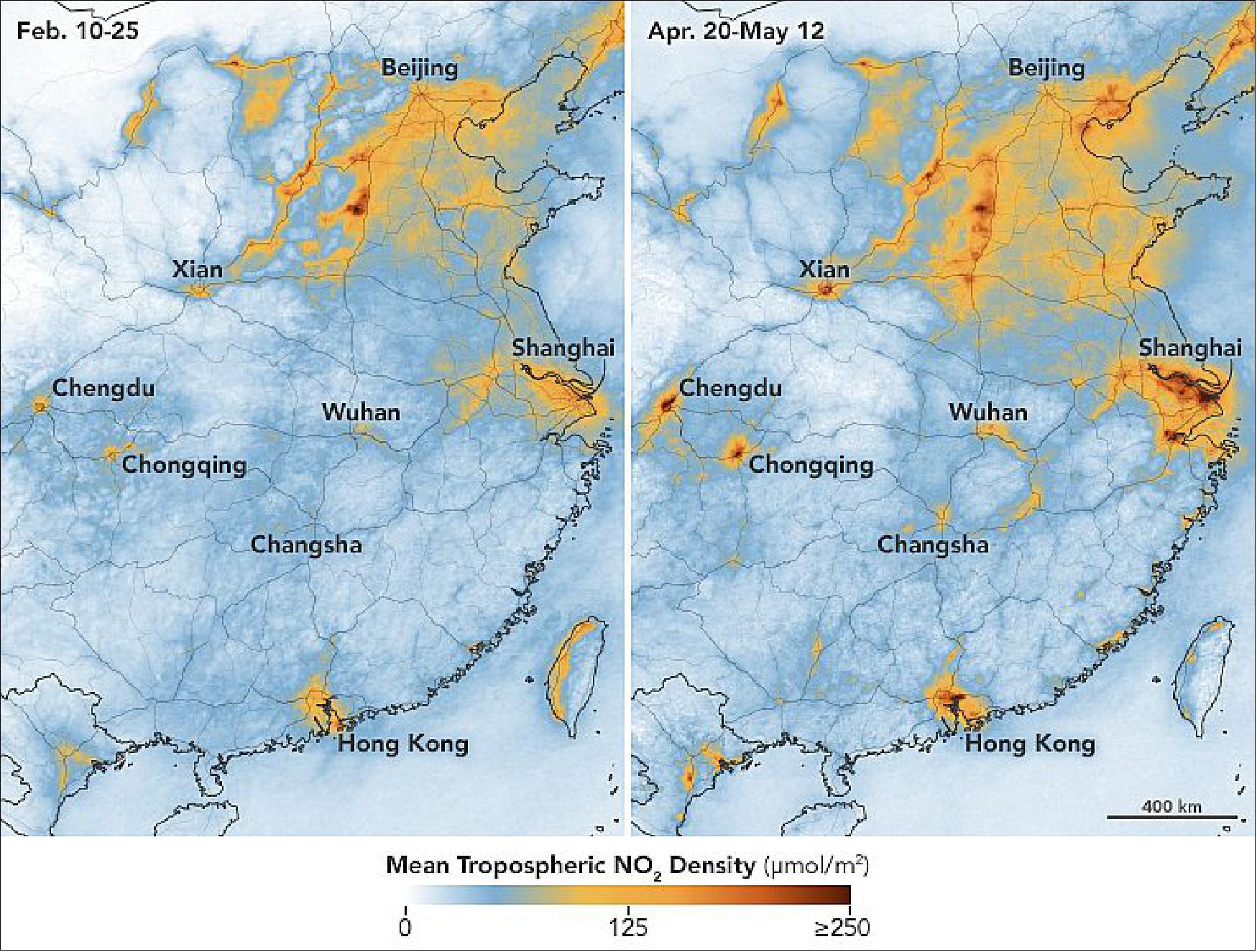 Figure 12: These maps show NO2 levels in central and eastern portions of the country from February 10–25 (during the quarantine) and April 20 to May 12 (after restrictions were lifted), image credit: NASA Earth Observatory images by Joshua Stevens, using Ozone Monitoring Instrument (OMI) data from the NASA Goddard Earth Sciences Data and Information Services Center (GES DISC), and modified Copernicus Sentinel 5P data processed by the European Space Agency. Story by Michael Carlowicz.