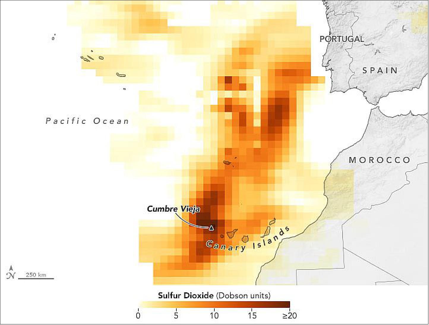 Figure 5: On October 18, 2021, NASA’s Aqua satellite acquired imagery showing faint visible traces of vog streaming towards Europe. A few minutes later, the Ozone Monitoring Instrument (OMI) on NASA’s Aura satellite took measurements of the SO2 in the plume. The map shows where Aura detected SO2 in the planetary boundary layer, the lowest part of the atmosphere. The sensor’s spatial resolution of 13 km2 (5 square miles) gives the data a blocky quality (image credit: NASA Earth Observatory image by Joshua Stevens, using OMI data from NASA's Aura satellite. Story by Adam Voiland)