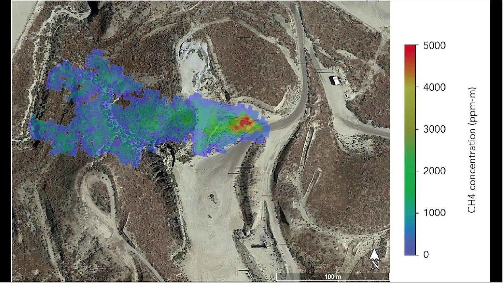 Figure 10: A methane plume detected by NASA's AVIRIS-NG in summer 2020 indicates a leaking gas line in oil field in California. The operator subsequently confirmed and repaired the leak (image credit: NASA/JPL-Caltech)