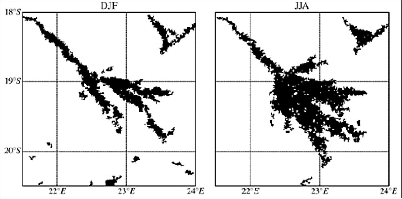 Figure 28: CYGNSS water masks of Okavango Delta in Botswana during the dry (left) and rainy (right) seasons (image credit: NASA, CYGNSS Team)