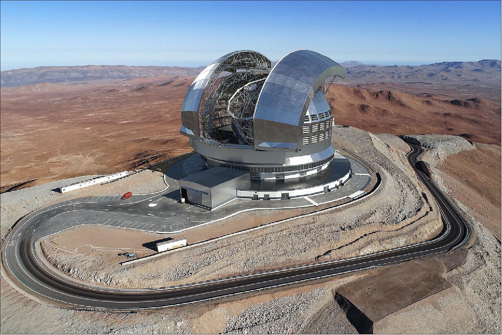 This image (an artistic rendering) shows how the telescope will look like on top of the mountain. The levelling of the summit of Cerro Armazones, in preparation for the construction of the ELT, was completed in 2015 (image credit: ESO)