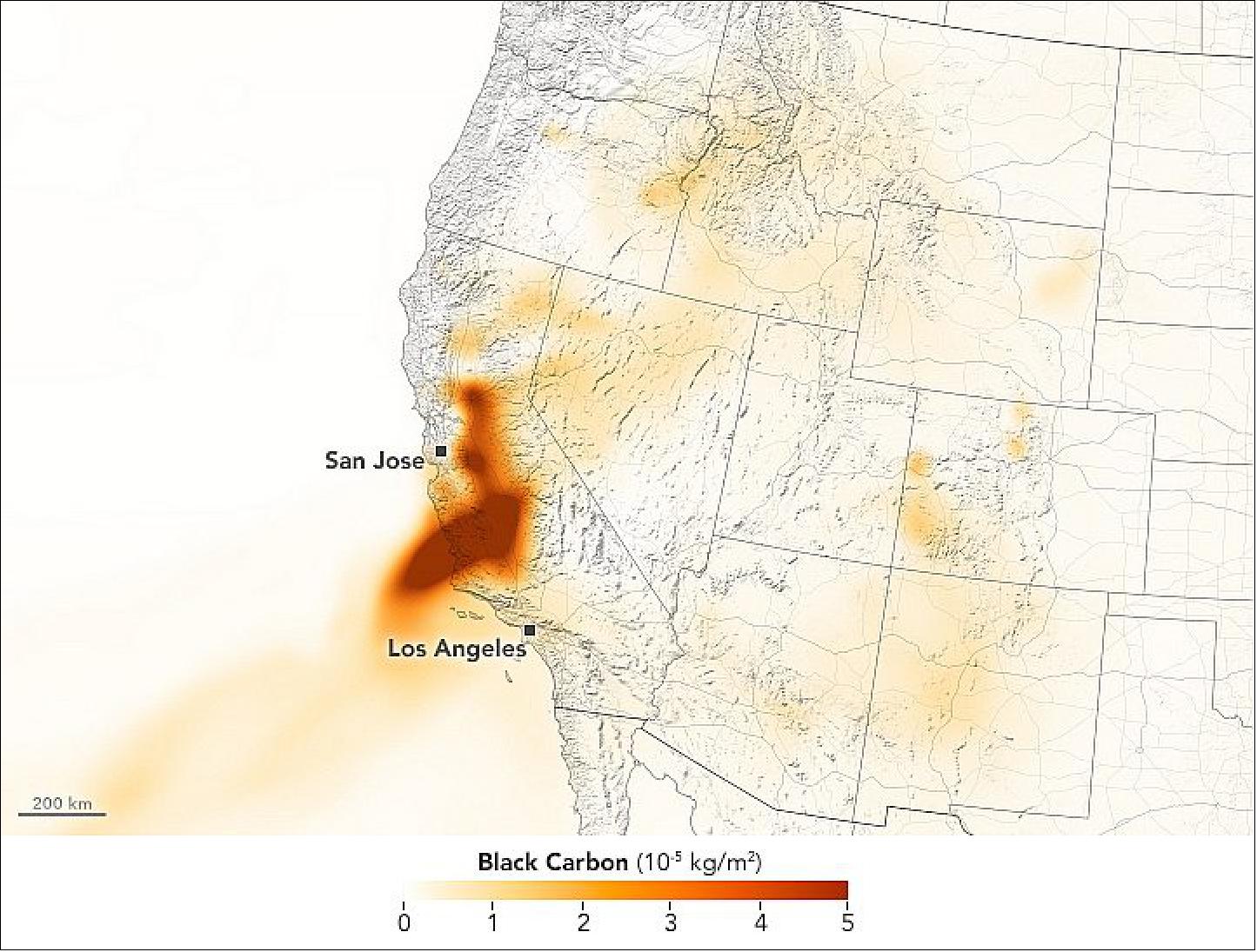 Figure 37: This map shows the concentration of black carbon particulates—commonly called soot—at 12:30 a.m. on August 20. Black carbon can harm humans and other animals by entering the lungs and bloodstream; it also plays a role in global warming. The black carbon data come from the GEOS forward processing (GEOS-FP) model, which assimilates data from satellite, aircraft, and ground-based observing systems. In this case, GEOS-FP assimilated fire and aerosol observations with meteorological data on air temperature, moisture, and winds to project the behavior and extent of the plume (image credit: NASA Earth Observatory)