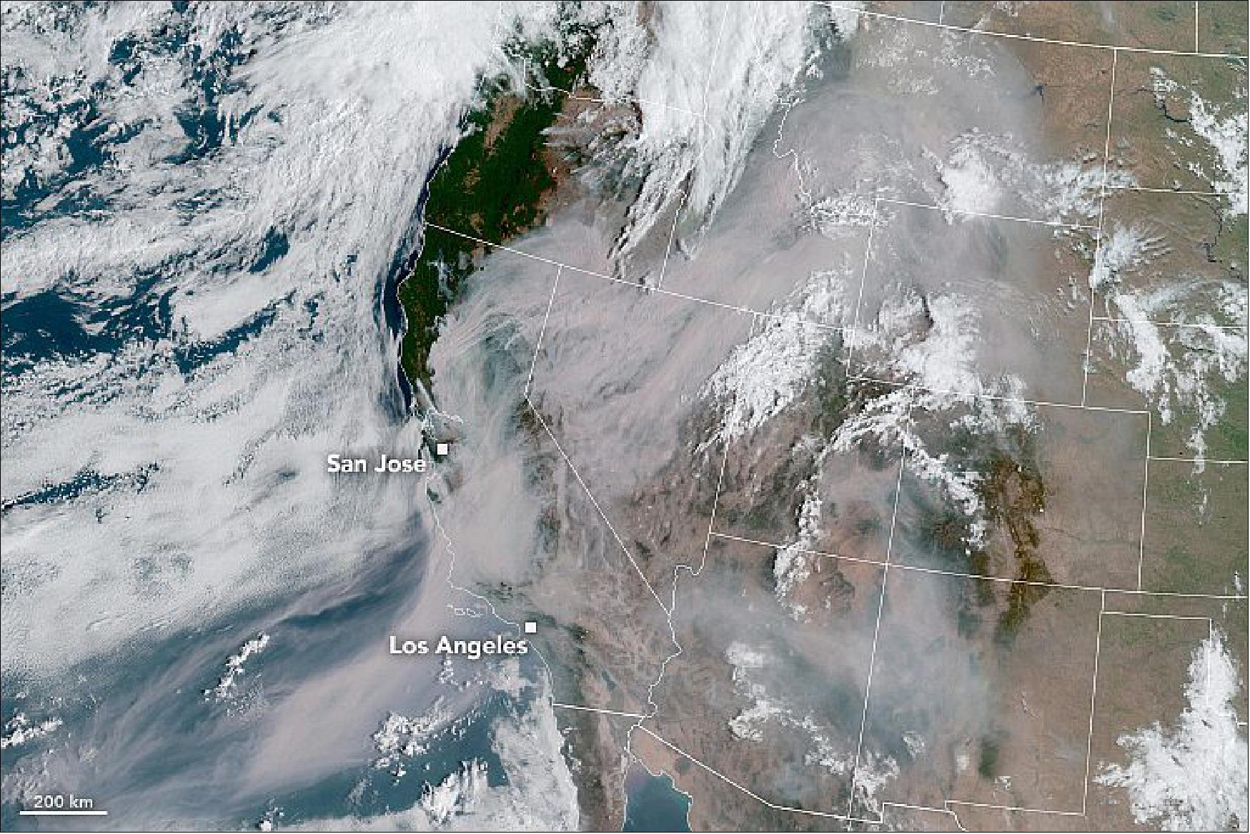 Figure 36: Around noon on August 20, 2020, the Geostationary Operational Environmental Satellite 17 (GOES-17) captured a natural-color image of the smoke. GOES-17 is operated by the National Oceanic and Atmospheric Administration (NOAA); NASA helps develop and launch the GOES series of satellites (NASA Earth Observatory, images by Lauren Dauphin, using GOES-17 imagery courtesy of NOAA and the National Environmental Satellite, Data, and Information Service (NESDIS) and GEOS-5 data from the Global Modeling and Assimilation Office at NASA GSFC. Story by Kasha Patel)