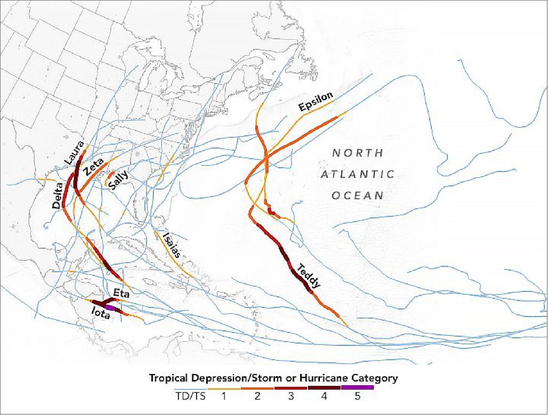 Figure 32: The map shows the tracks of all 30 Atlantic storms in 2020, highlighting a few of the named storms. Three of them—Eta, Iota, and Delta—saw their winds intensify by at least 80 miles (130 km) per hour in 24 hours. The data for the map come from the International Best Track Archive for Climate Stewardship (IBTrACS), the official archive used by the World Meteorological Organization (image credit: NASA Earth Observatory images by Joshua Stevens, using GOES 16 data from NOAA and the National Centers for Environmental Information (NCEI) and the International Best Track Archive for Climate Stewardship (IBTrACS). Story by Kasha Patel)