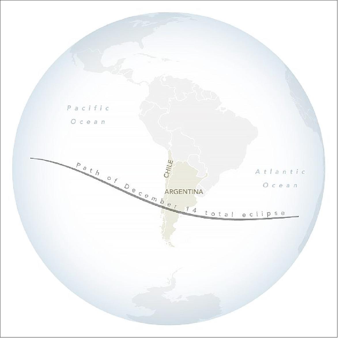 Figure 31: The “path of totality” (umbral path) for the eclipse this week was roughly 90 km (60 miles) wide and passed across South America from Saavedra, Chile, to Salina del Eje, Argentina. However, meteorologist Matthew Cappucci reported that an atmospheric river event caused thick cloud cover over much of the region (image credit: NASA Earth Observatory)