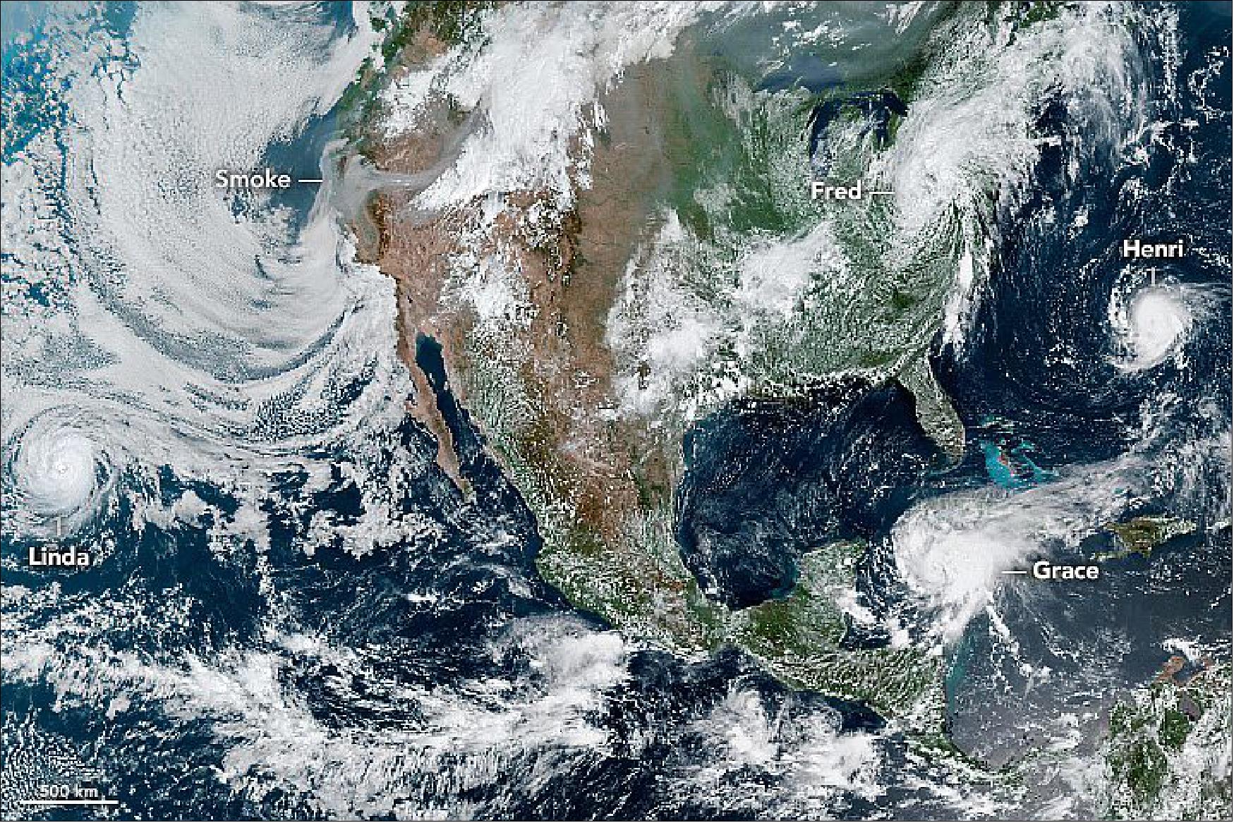 Figure 22: With multiple storms offshore and smoke streaming over the continent, there has been plenty for satellites and scientists to track in recent days. When the Geostationary Operational Environmental Satellite 16 (GOES-16) acquired this image on 18 August 2021, four different storms at various stages of development churned around the continent. Meanwhile, smoke from several major fires raging in California was visible streaming across the western U.S. (image credit: NASA Earth Observatory image by Lauren Dauphin, using GOES 16 imagery courtesy of NOAA and the National Environmental Satellite, Data, and Information Service (NESDIS). Story by Adam Voiland)