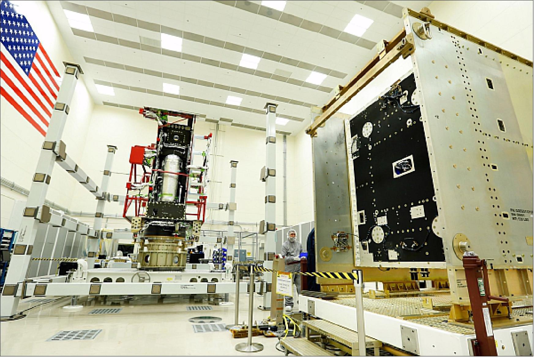 Figure 45: The Propulsion Module (left) and System Module (right) of the first GOES-R series weather satellite arrived in Lockheed Martin’s cleanroom near Denver where they will now undergo integration and testing (image credit: Lockheed Martin)