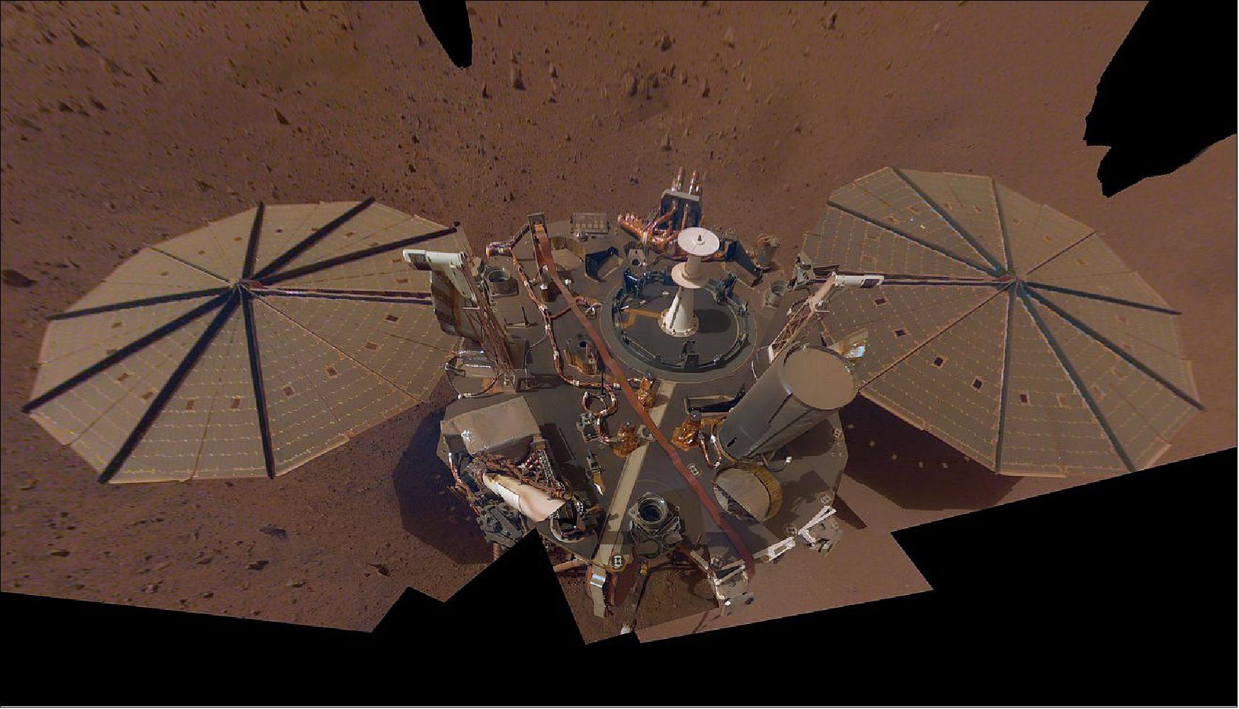 Figure 22: This selfie of NASA’s InSight lander is a mosaic made up of 14 images taken on March 15 and April 11 – the 106th and 133rd Martian days, or sols, of the mission – by the spacecraft Instrument Deployment Camera located on its robotic arm (image credit: NASA/JPL-Caltech)