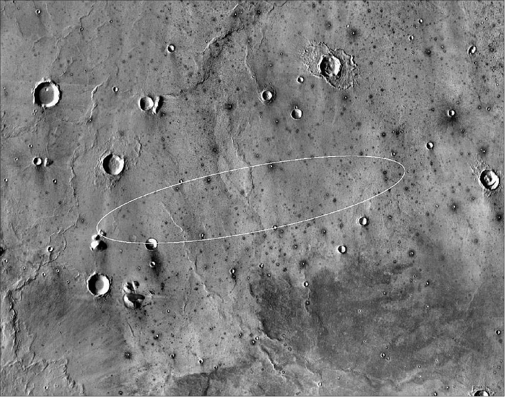 Figure 59: This map shows the single area under continuing evaluation as the InSight mission's Mars landing site, as of a year before the mission's May 2016 launch. The finalist ellipse marked is within the northern portion of flat-lying Elysium Planitia about four degrees north of Mars' equator (image credit: NASA/JPL-Caltech)