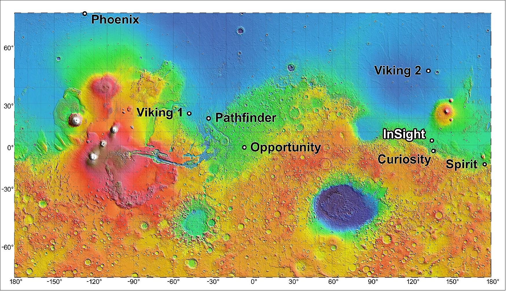 Figure 58: The landing site for InSight, in relation to landing sites for seven previous missions, is shown on a topographic map of Mars ( image credit: NASA/JPL-Caltech)