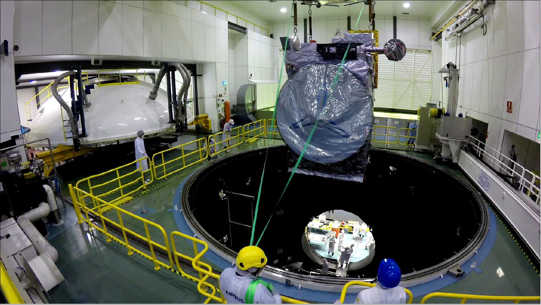 Figure 10: The Jupiter Icy Moons Explorer (Juice) moved into the Large Space Simulator at ESTEC end May, in a two-day operation. During a month-long test campaign the spacecraft will be subject to extreme temperature cycles under vacuum to replicate the heating and cooling that the spacecraft will experience on its way to Jupiter. The Large Space Simulator is Europe's single largest vacuum chamber standing 15 m high and 10 m wide (image credit: Produced for ESA by Lightcurve Films; GoPro footage by ESA)