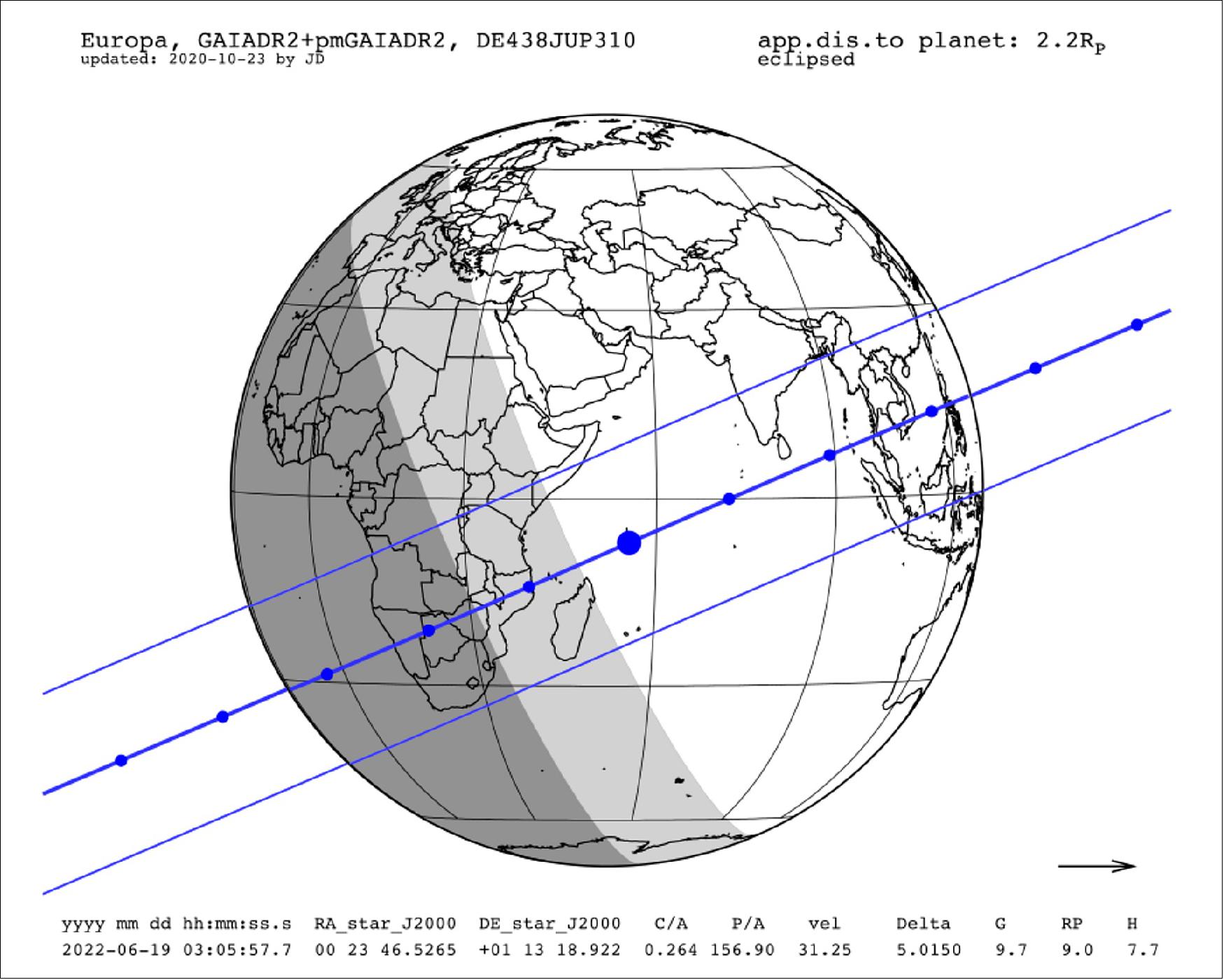 Jupiter's moon Europa to obscure distant star. The occultation takes place at 03:05:57 UTC, and it is only visible across a rather narrow track of the Earth's surface. The centre line of that track passes through the African countries of Namibia, Botswana and Zimbabwe. Eastwards from here, it will be lost from view by the rising Sun. The occulted star is below the limits of visibility to the naked eye but is not too faint. With an apparent brightness of magnitude 9, it will be easily visible in any size of telescope. To find it on the sky, astronomers should look at coordinates RA: 00:23:46.52, Dec: +01:13:18.92 [image credit: Josselin Desmars (IPSA/IMCCE)]