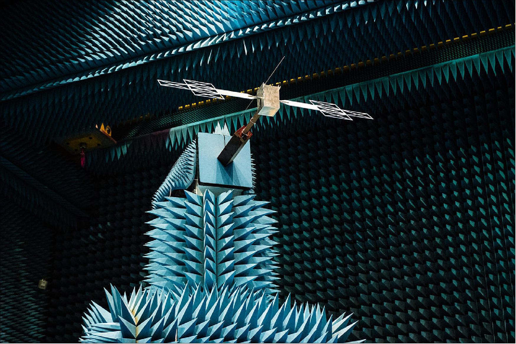 A miniaturized model of the Juice spacecraft during electromagnetic tests at ESA's technical heart in the Netherlands (image credit: ESA–M. Cowan)