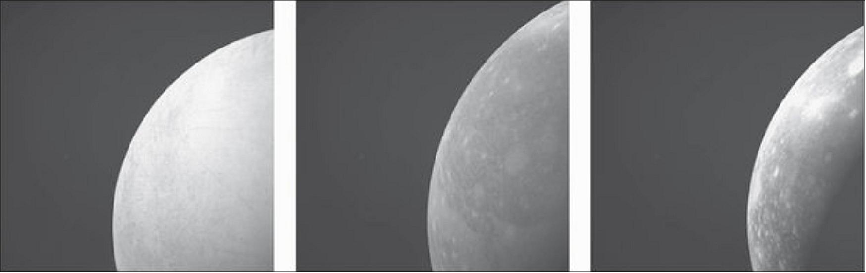 Simulated NavCam views of the Jupiter moons. Impressions of how the Jupiter Icy Moons Explorer will see moons Europa (left), Ganymede (middle) and Callisto (right) with its Navigation Camera (NavCam). To generate these images, the NavCam was fed simulated views – based on existing images of the moons – to process realistic views of what can be expected once in the Jupiter system (image credit: Airbus DS)