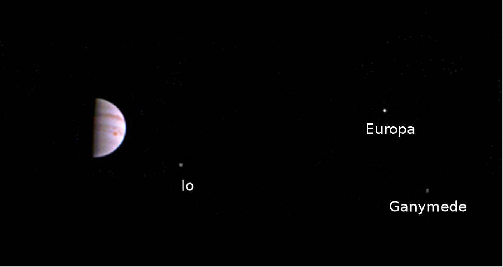 Figure 49: This color view from NASA's Juno spacecraft is made from some of the first images taken by JunoCam after the spacecraft entered orbit around Jupiter on July 5th (UTC).The image was taken on July 10, 2016 at 5:30 UTC, when the spacecraft was 4.3 million km from Jupiter on the outbound leg of its initial 53.5-day capture orbit. The image shows atmospheric features on Jupiter, including the Great Red Spot, and three of Jupiter's four largest moons (image credits: NASA/JPL-Caltech/SwRI/MSSS)