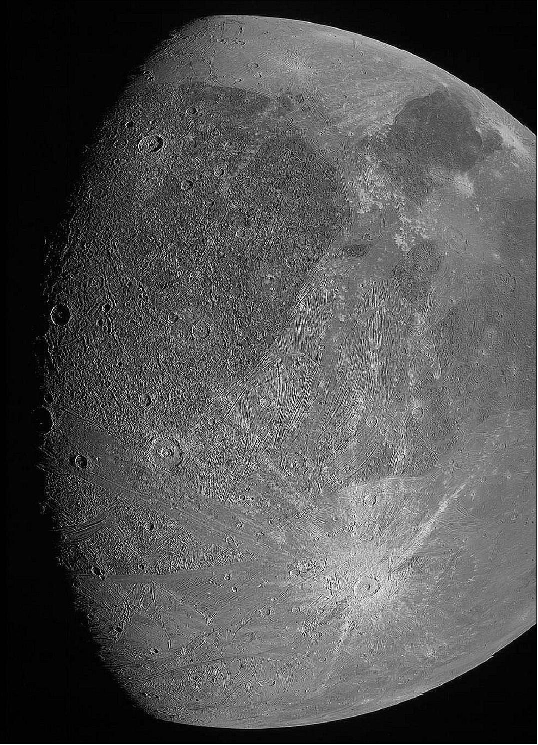 Figure 18: This image of Ganymede was obtained by the JunoCam imager during Juno's June 7, 2021, flyby of the icy moon (image credits: NASA/JPL-Caltech, SwRI/MSSS)