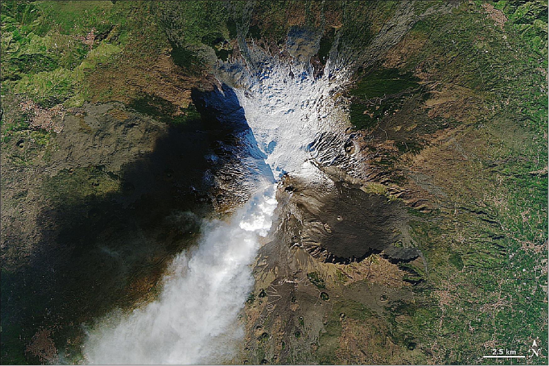 Figure 117: OLI on the Landsat-8 satellite acquired this image of Mount Etna on 28 December 2018 (image credit: NASA Earth Observatory, image by Joshua Stevens, using Landsat data from the U.S. Geological Survey. Text by Kasha Patel)