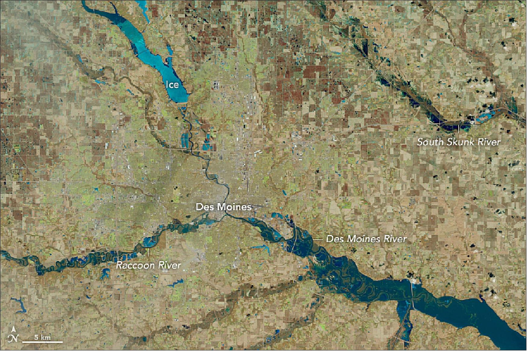 Figure 95: OLI image of Des Moines, Iowa region, acquired on 18 March 2019 (image credit: NASA Earth Observatory, image by Lauren Dauphin, using Landsat data from the U.S. Geological Survey. Story by Adam Voiland)
