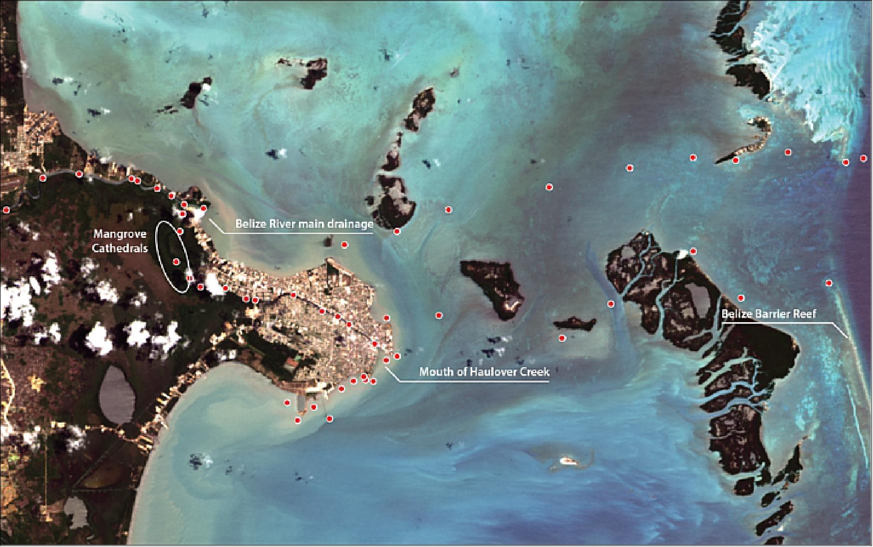 Figure 76: Locations of the 50 water quality samples collected on May 14 and 15, overlaid on top of a Landsat-8 image from May 20, 2019 (image credit: NASA Earth Observatory)
