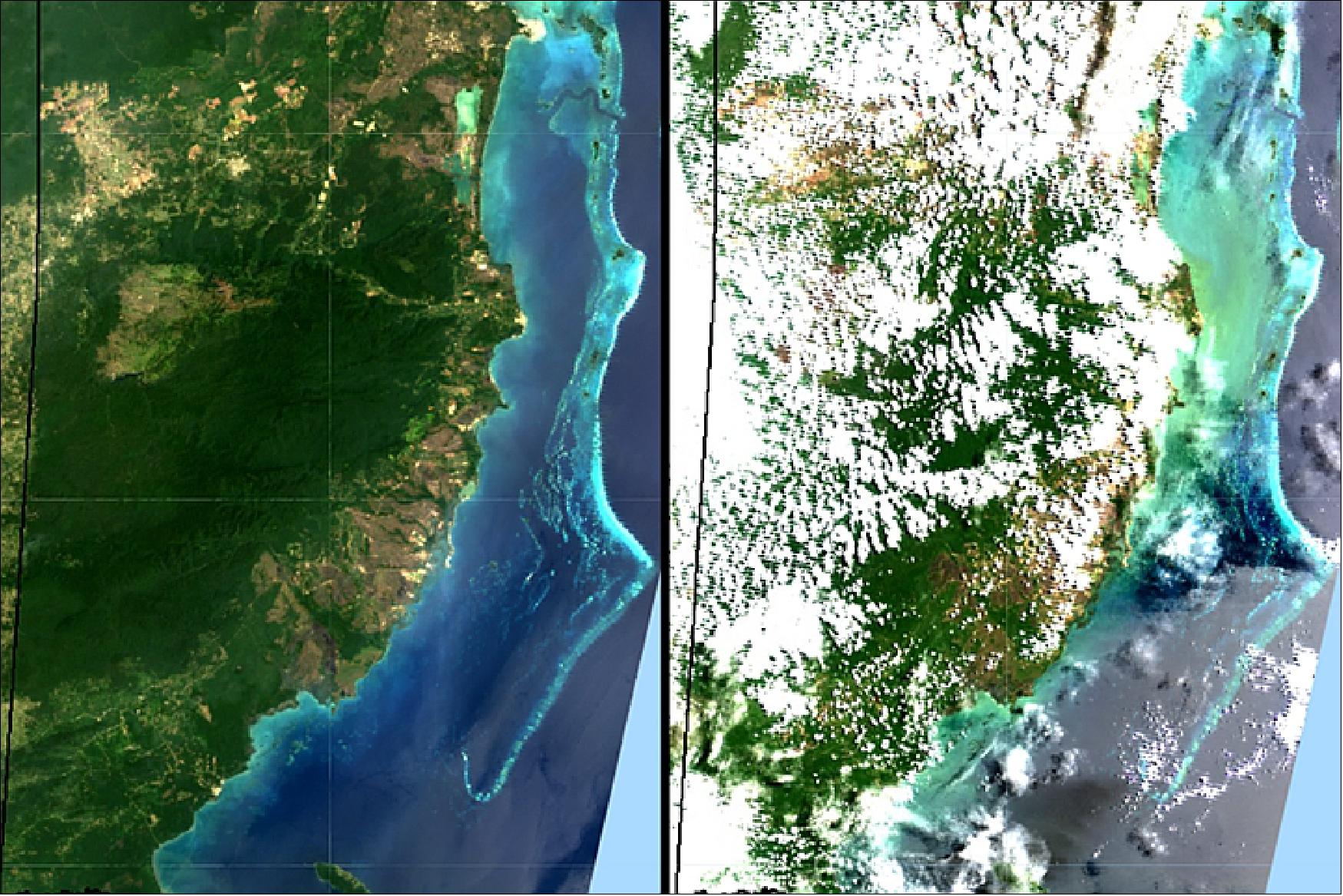 Figure 73: Left: A March 2013 Landsat-7 image of what the water off Belize’s coast normally looks like, with the coral reefs in light blue. Right: An algal bloom in a June 2011 Landsat-7 image can be seen as an almost phosphorescent green (image credit: NASA Earth Observatory)