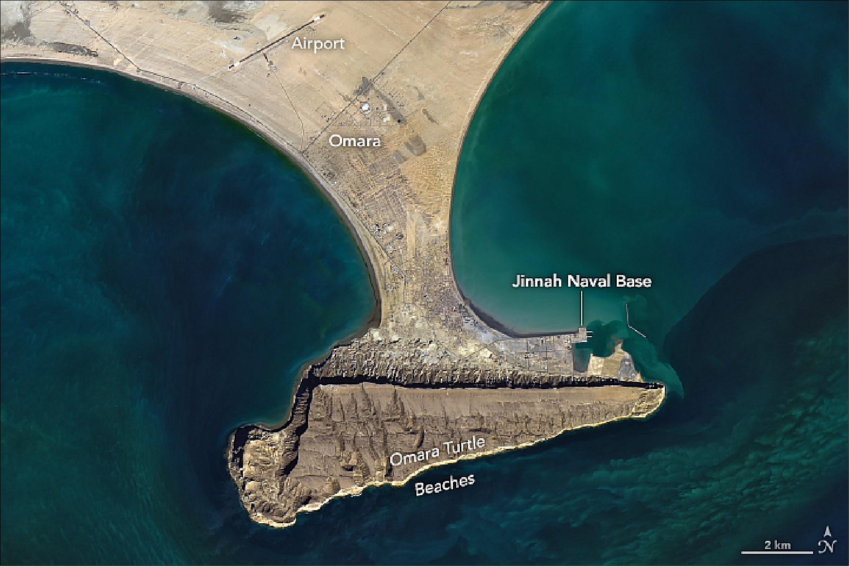 Figure 61: Striking geology, new ports, and a few hammerhead sharks can be found along Pakistan’s Arabian Sea coast. OLI on Landsat-8 acquired this image of the Ormara peninsula on 15 February 2019. The Landsat data is draped over topographic data from NASA’s SRTM (Shuttle Radar Topography Mission), image credit: NASA Earth Observatory image by Joshua Stevens, using Landsat data from the U.S. Geological Survey and topographic data from SRTM, story by Adam Voiland