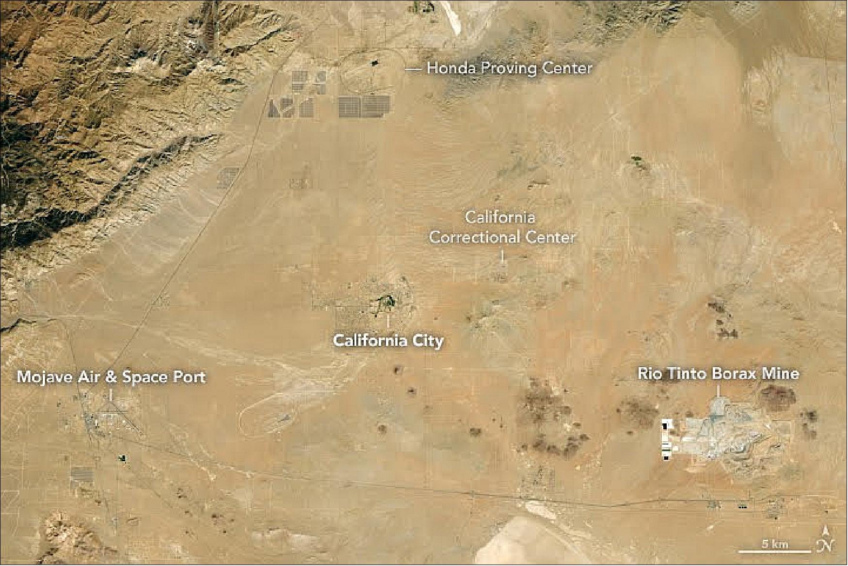 Figure 51: The big dreams of a 1960s real estate developer have not materialized, but that has not stopped California City from pushing forward. Why does such an expansive city have so few people? Satellite images acquired on 18 October 2018 by OLI on Landsat-8 help explain (image credit: NASA Earth Observatory, image by Lauren Dauphin, using Landsat data from the U.S. Geological Survey. Story by Adam Voiland)
