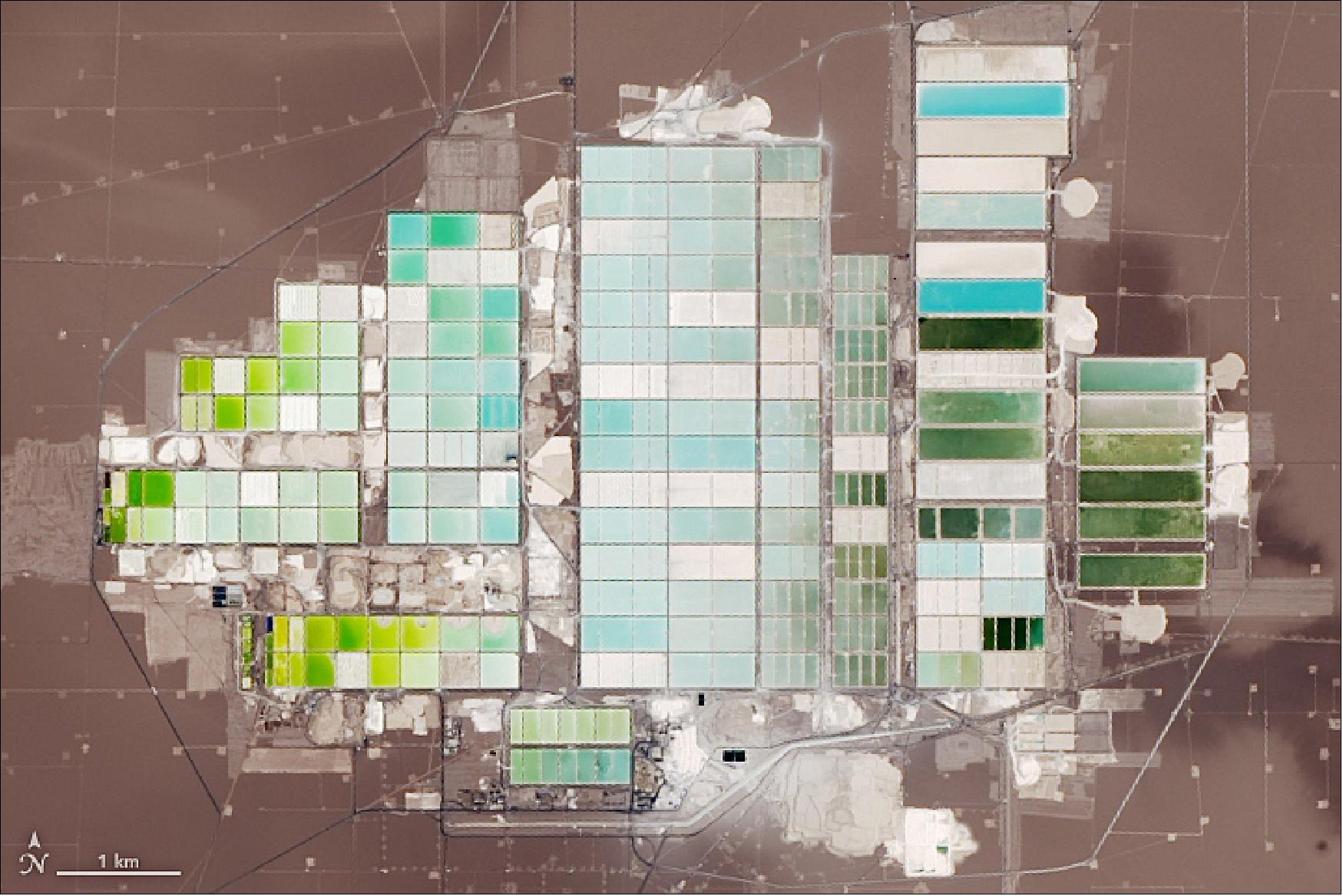 Figure 113: On November 4, 2018, OLI (Operational Land Imager) on Landsat-8 captured this image of evaporation ponds. Color variations in the ponds are due to varying concentrations of salt in the water; lighter blue ponds have higher concentrations of lithium. The network of canals and hundreds of pumps around the evaporation ponds form the grid patterns around the clusters of ponds (image credit: NASA Earth Observatory image by Lauren Dauphin, using Landsat data from the U.S. Geological Survey. Story by Adam Voiland)