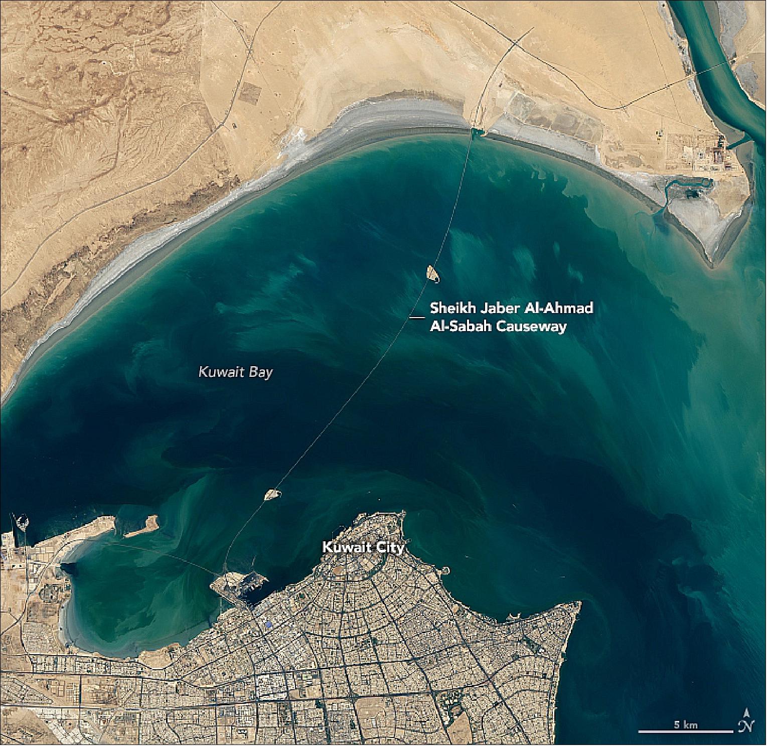 Figure 30: OLI on Landsat-8 acquired this image of the causeway on September 8, 2019. Approximately 75 percent of the bridge (36 km) stands over water. It also crosses two artificial islands (Bay Island North and Bay Island South) that were constructed for entertainment and tourism purposes (image credit: NASA Earth Observatory, image by Lauren Dauphin, using Landsat data from the U.S. Geological Survey. Story by Kasha Patel)