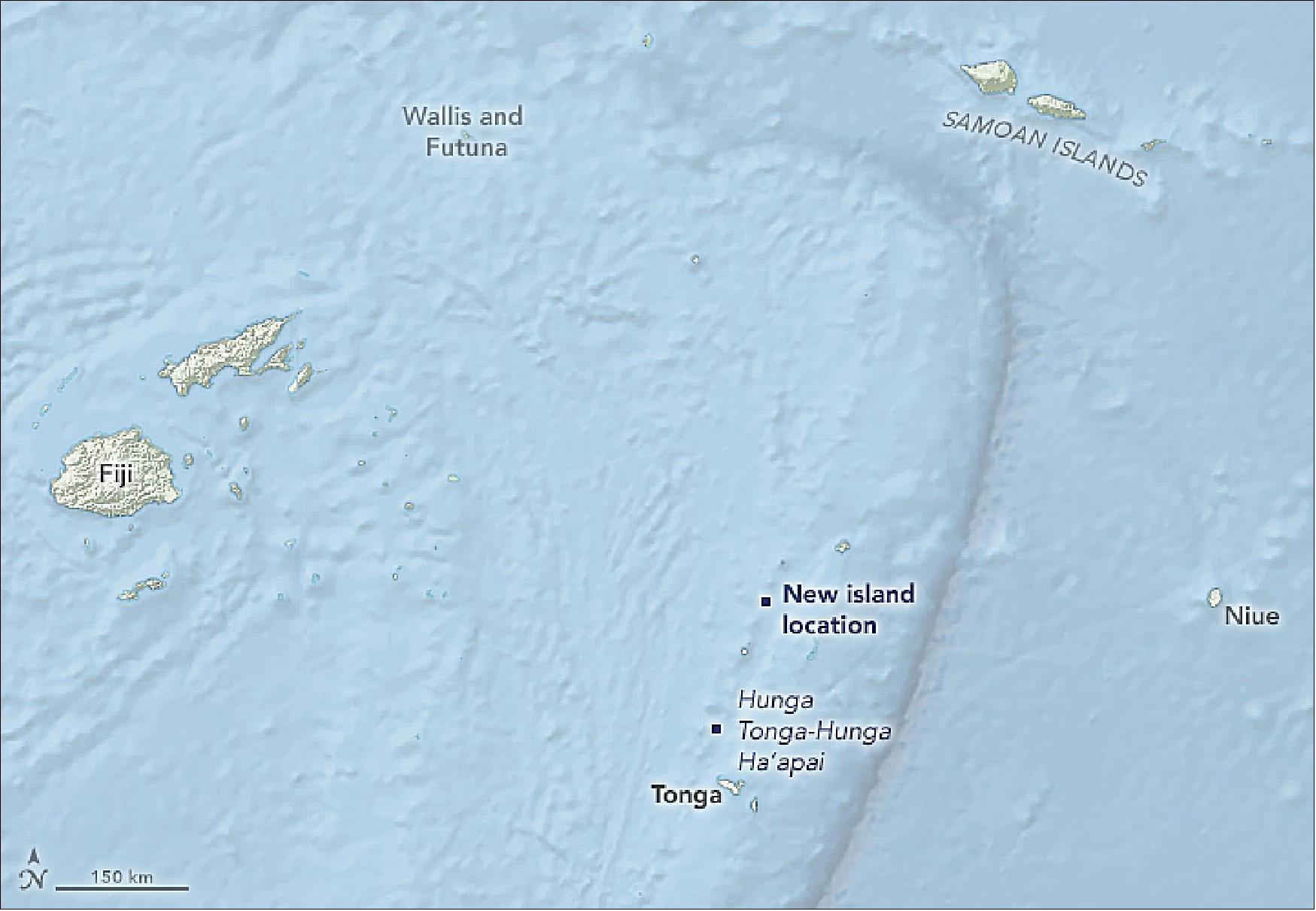 Figure 14: Lateiki Island, also known as Metis Shoal, is just the tip of a large undersea volcano (seamount) in an extremely active part of the Tonga Archipelago. (Scientists put it in the top ten most active volcanic areas on Earth). Prior to 2019, an eruption in 1995 also produced an island. That island saw considerable erosion and was ultimately destroyed by the 2019 event, which built a new island in its place. Earlier eruptions followed a similar cycle; islands that emerged in 1781, 1854, 1876, 1967, 1979, are all reported to have submerged within months, having succumbed to the erosive lashing of the sea (image credit: NASA Earth Observatory, image by Lauren Dauphin, using Landsat data from the U.S. Geological Survey and using topographic data from the Shuttle Radar Topography Mission (SRTM). Story by Kathryn Hansen, with information courtesy of Taaniela Kula and the government of the Kingdom of Tonga)