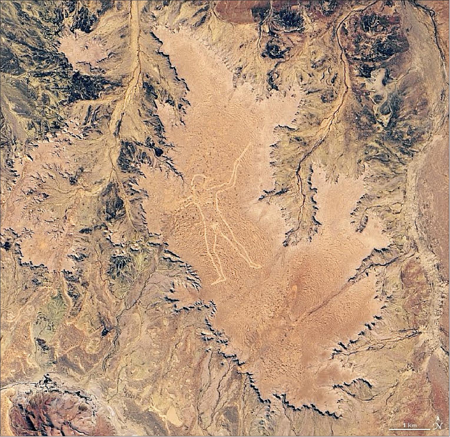 Figure 1: It is unclear who created the giant geoglyph or why, but the large earthen figure has drawn attention to a remote part of South Australia for two decades. OLI on Landsat-8 acquired this image of the feature on June 22, 2019 (image credit: NASA Earth Observatory, image by Lauren Dauphin, using Landsat data from the U.S. Geological Survey. Story by Adam Voiland)
