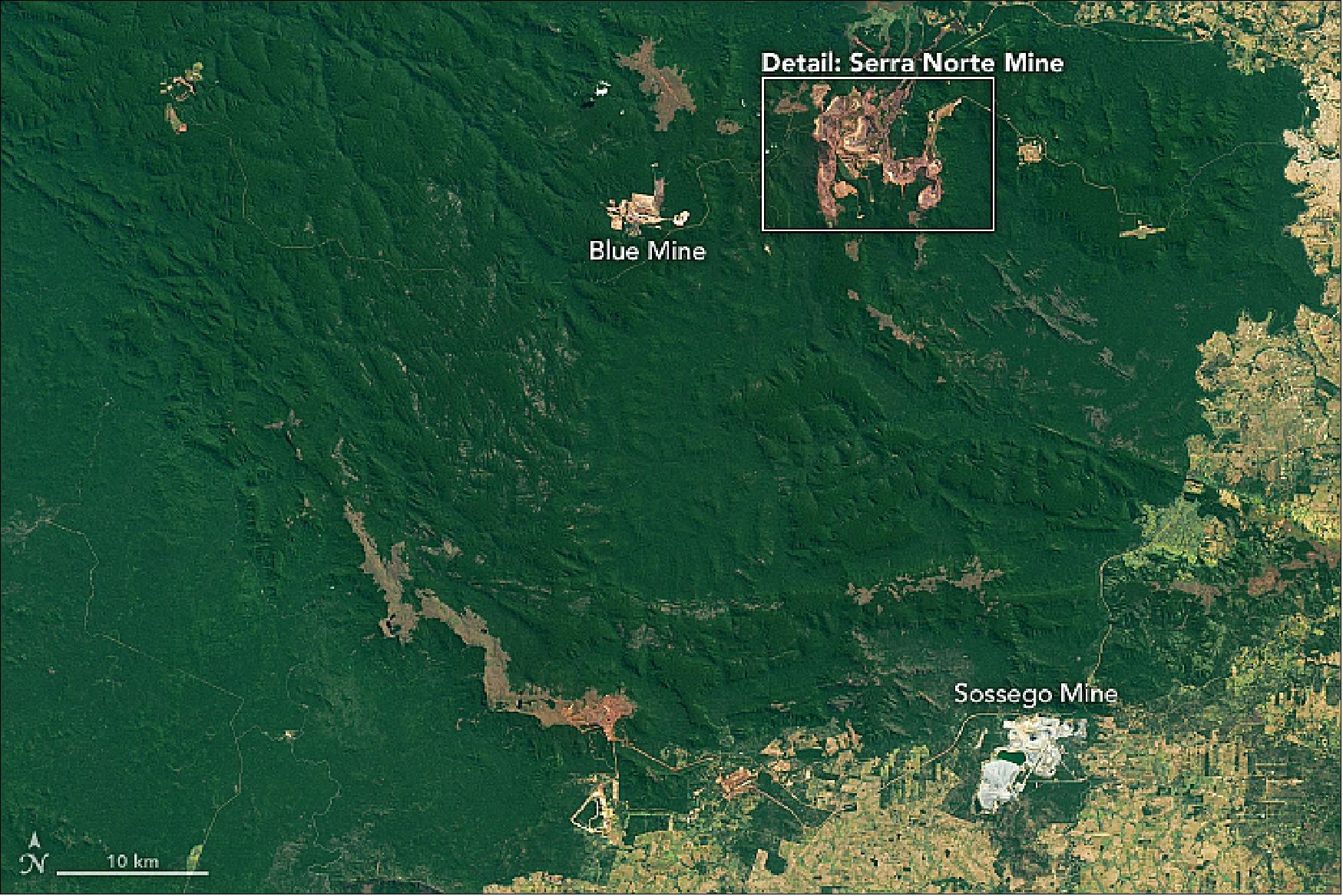 Figure 106: Overview of a Brazilian mine region in Amazon Forest acquired on July 16 2018 with OLI ((image credit: NASA Earth Observatory, image by Joshua Stevens, using Landsat data from the U.S. Geological Survey. Story by Kathryn Hansen)