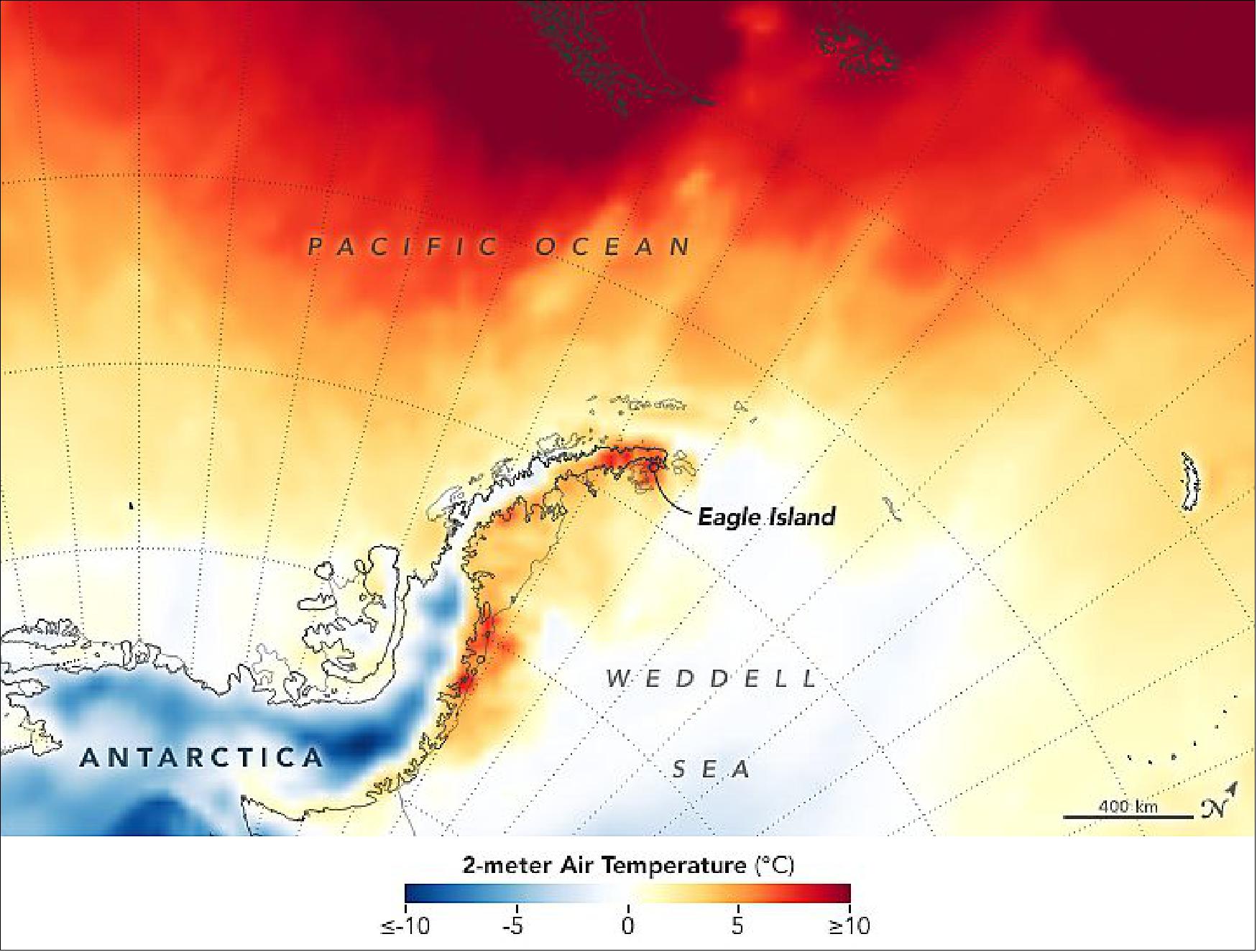 Figure 118: The heat is apparent on this map, which shows temperatures across the Antarctic Peninsula on February 9, 2020. The map was derived from the Goddard Earth Observing System (GEOS) model, and represents air temperatures at 2 meters above the ground. The darkest red areas are where the model shows temperatures surpassing 10ºC (image credit: NASA Earth Observatory, image by Joshua Stevens, using Landsat data from the U.S. Geological Survey and GEOS-5 data from the Global Modeling and Assimilation Office at NASA GSFC. Story by Kasha Patel)