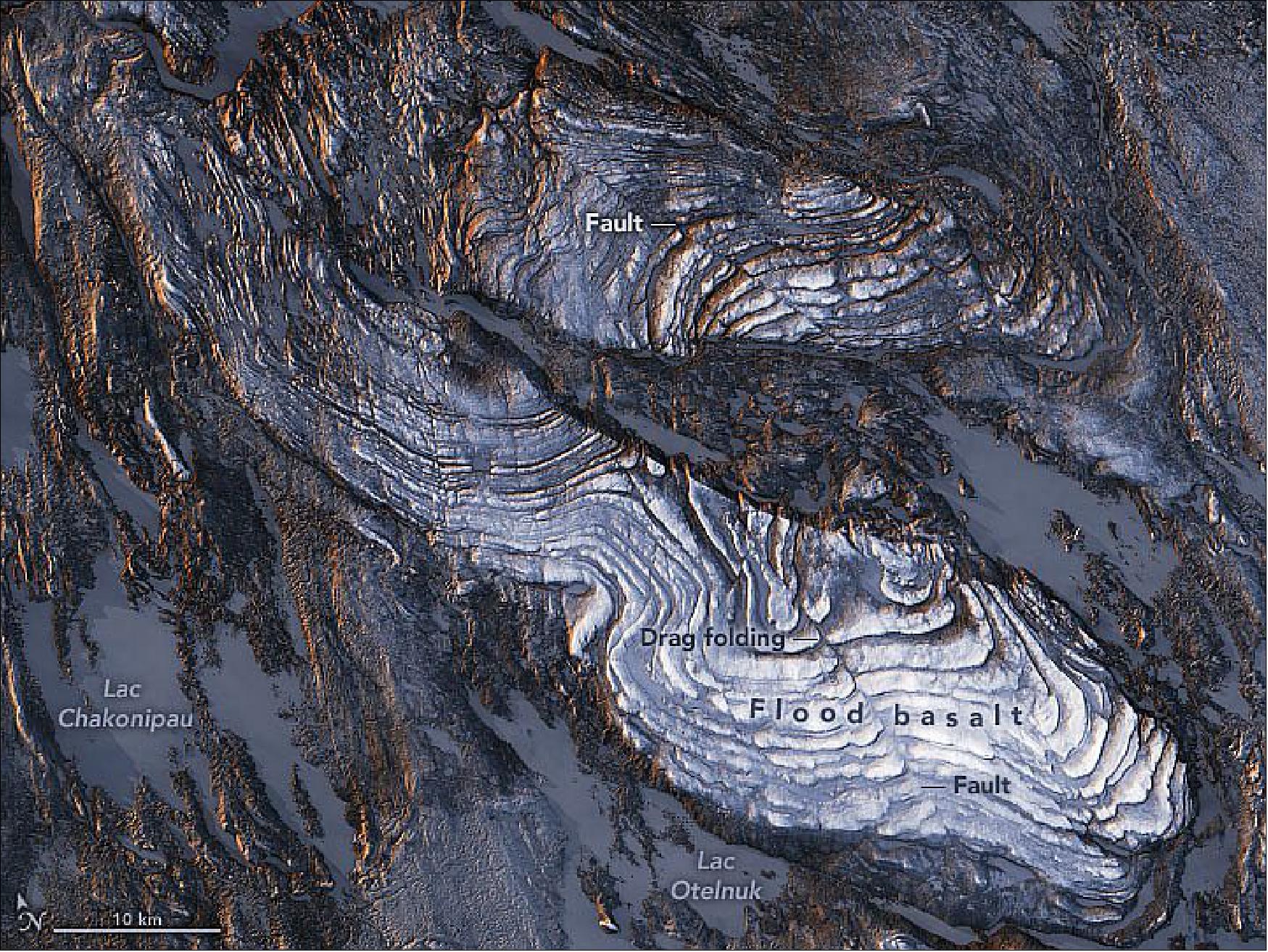 Figure 115: Detail 1 image of Figure 114. The striking patterns in northeastern Canada’s flood basalts tell a story of continental collisions that played out almost two billion years ago.