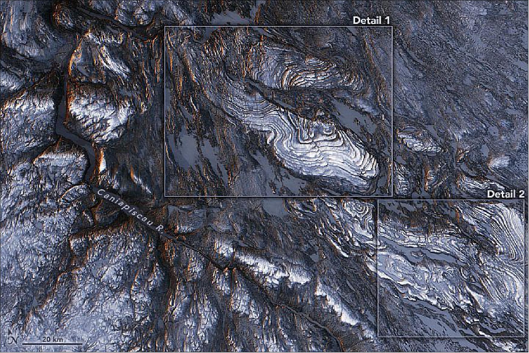 Figure 114: The orogen stretches southeast from Ungava Bay through Quebec and Labrador, with striking geologic features throughout. These images highlight the deformation in Earth’s crust just east of the Caniapiscau River. The images were acquired on February 13, 2020, by the Operational Land Imager (OLI) on Landsat-8, and were overlaid on a digital elevation model from the Shuttle Radar Topography Mission (SRTM) to give a sense of the topography. Wintertime snow and ice blanket some of the landscape (image credit: NASA Earth Observatory images by Joshua Stevens. using topographic data from the Shuttle Radar Topography Mission (SRTM) and Landsat data from the U.S. Geological Survey. Story by Kathryn Hansen)