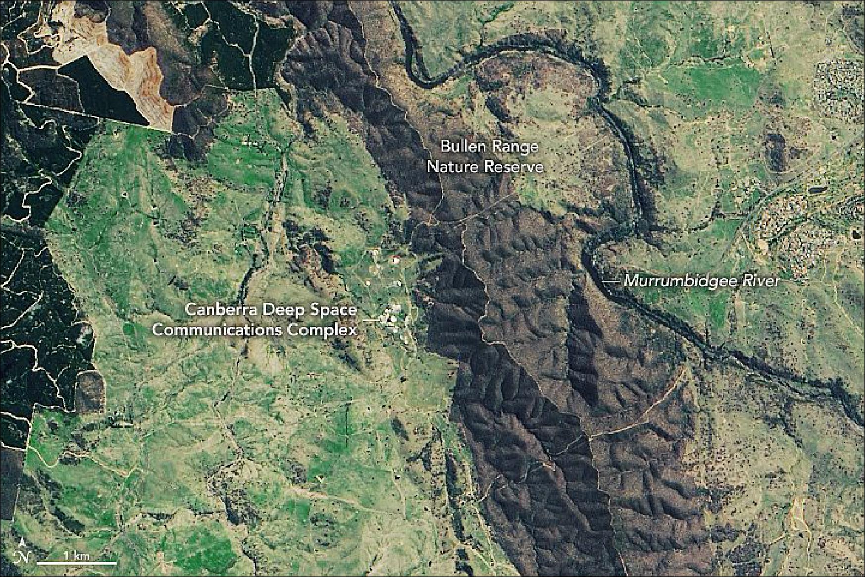 Figure 111: On February 24, 2020, the Operational Land Imager (OLI) on Landsat-8 acquired a natural-color image of the communications site in Canberra, Australia (image credit: NASA Earth Observatory, image by Lauren Dauphin, using Landsat data from the U.S. Geological Survey. Story by Adam Voiland)