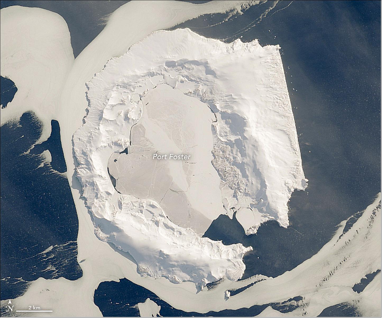 Figure 133: This image, taken on September 21, 2017, shows the volcano and caldera covered in snow and ice (image credit: NASA Earth Observatory, image by Lauren Dauphin, using Landsat data from the U.S. Geological Survey. Story by Kasha Patel)