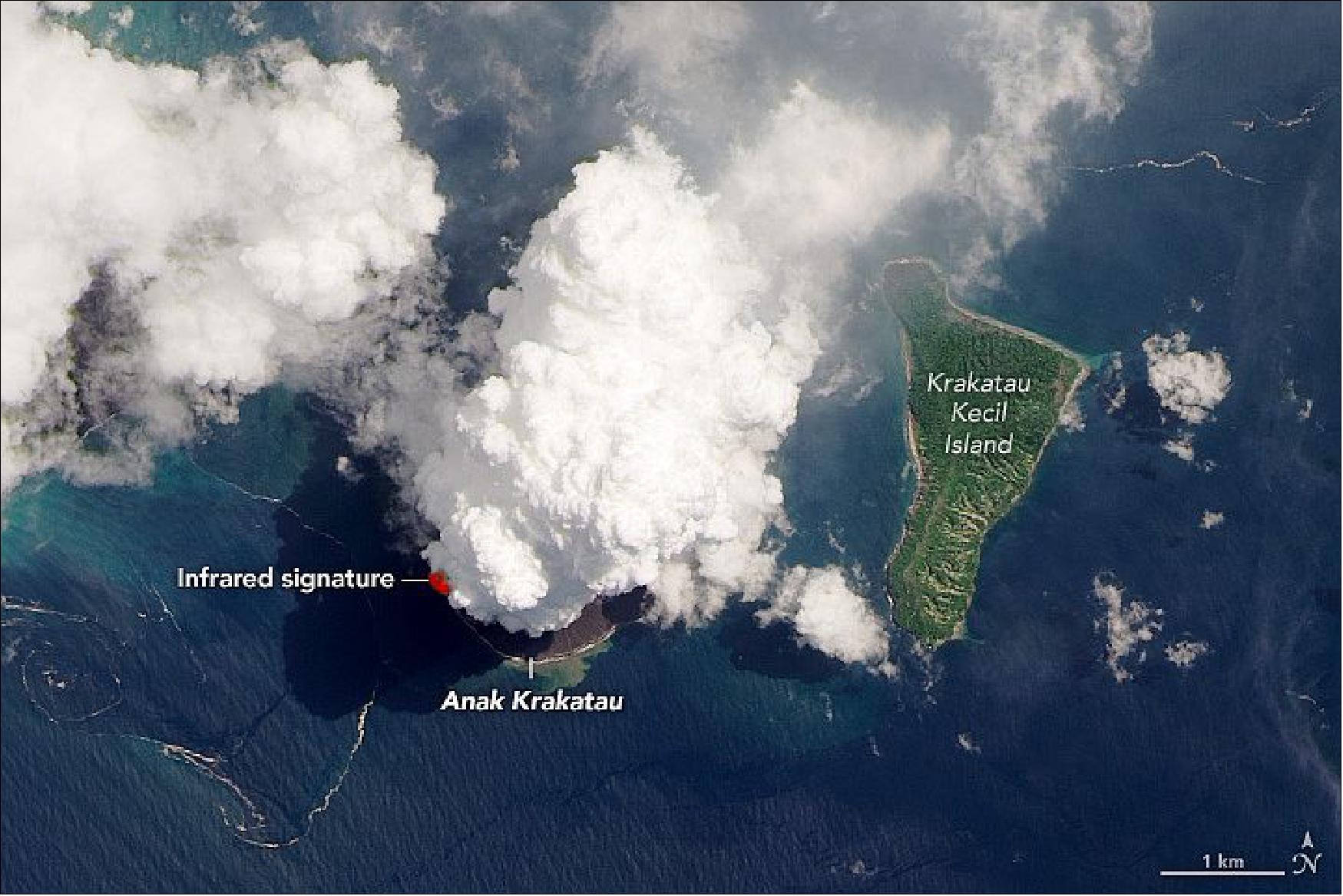 Figure 100: On April 13, 2020, the Operational Land Imager (OLI) on Landsat 8 acquired this natural-color image (OLI bands 4-3-2) of the volcano as a plume towered over the peak. The natural-color image is overlaid with the infrared signature detected by OLI of what is possibly molten rock (image credit: NASA Earth Observatory, image by Lauren Dauphin, using Landsat data from the U.S. Geological Survey. Story by Kathryn Hansen)