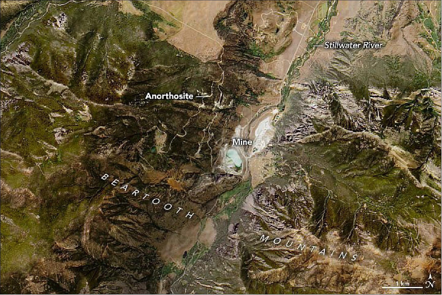 Figure 93: On August 10, 2018, Operational Land Imager (OLI) on Landsat-8 acquired this image showing part of the Stillwater Complex south of Nye, Montana. The group of rocks spans about 30 miles (50 km) of the Beartooth Mountain Range, and is mined primarily for its chromium and platinum-group metals (image credit: NASA Earth Observatory, image by Joshua Stevens, using Landsat data from the U.S. Geological Survey and topographic data from the Shuttle Radar Topography Mission (SRTM). Story by Kathryn Hansen)