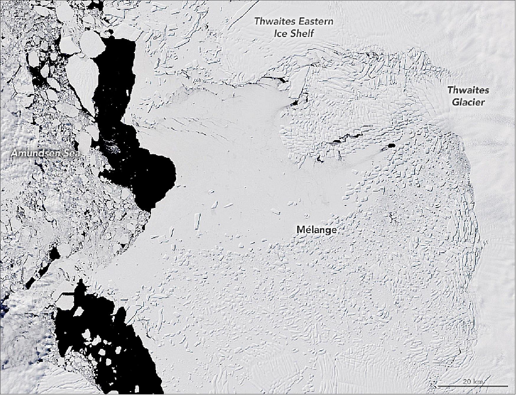 Figure 124: This Thwaites Glacier image was observed with OLI (Operational Land Imager) on Landsat-8 on 28 December 2019 [image credit: NASA Earth Observatory, image by Lauren Dauphin, using Landsat data from the U.S. Geological Survey. Story by Kathryn Hansen, with image interpretation by Christopher Shuman (NASA/UMBC) and Ted Scambos (University of Colorado)].