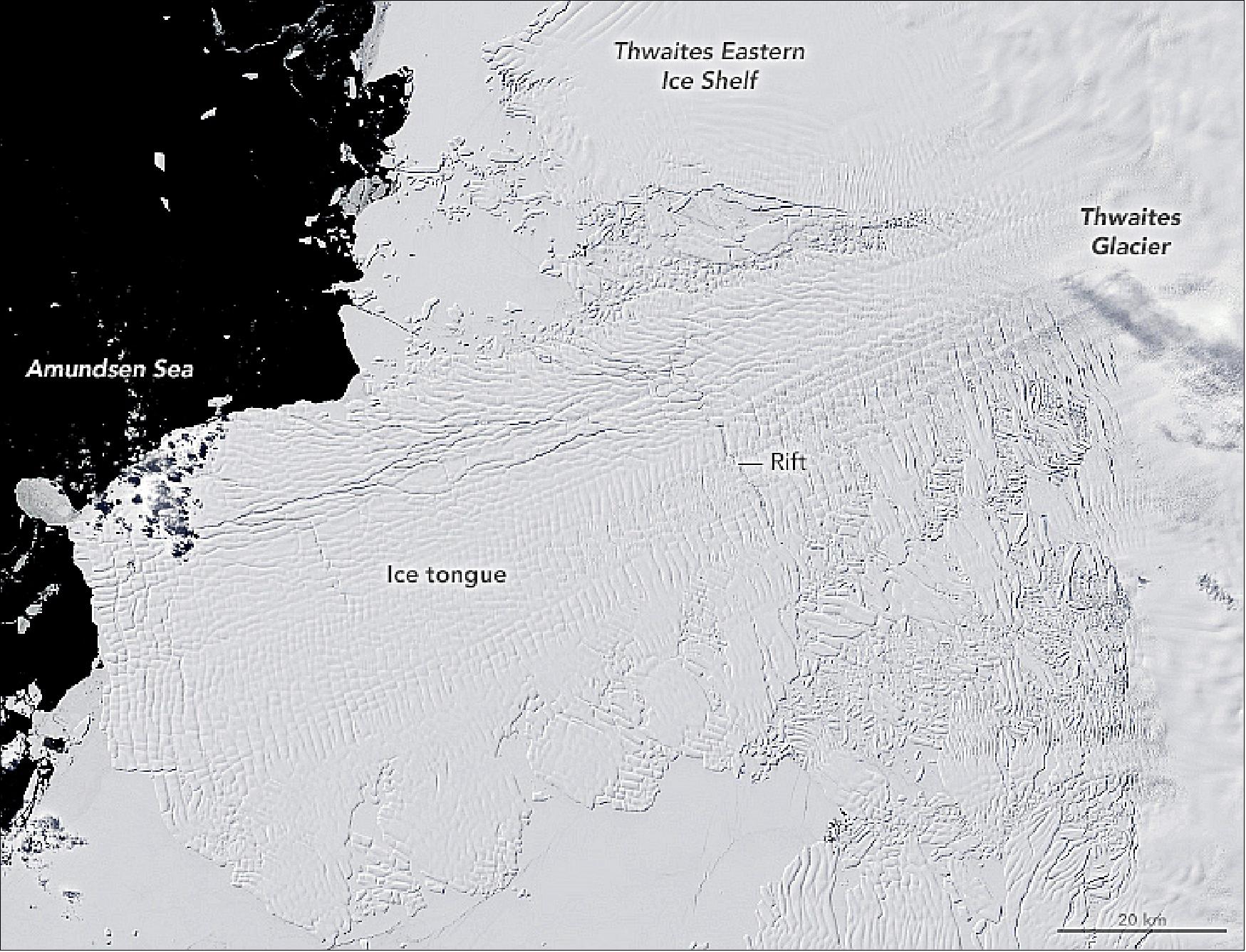 Figure 123: This Thwaites Glacier image was observed with ETM+ (Enhanced Thematic Mapper Plus) on Landsat-7 on 2 December 2001 [image credit: NASA Earth Observatory, image by Lauren Dauphin, using Landsat data from the U.S. Geological Survey. Story by Kathryn Hansen, with image interpretation by Christopher Shuman (NASA/UMBC) and Ted Scambos (University of Colorado)].