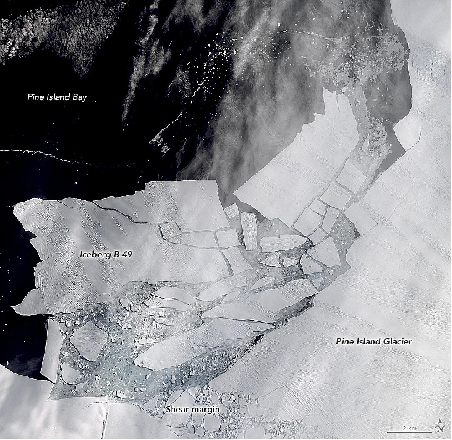 Figure 121: Through patchy cloud cover satellites captured natural-color imagery, including the detailed view, which was acquired on February 11, 2020, with the Operational Land Imager (OLI) on Landsat-8. Infrared data are superimposed on natural-color wavelengths to emphasize detail through areas of thin clouds (image credit: NASA Earth Observatory, image by Lauren Dauphin, using Landsat data from the U.S. Geological Survey. Story by Kathryn Hansen)