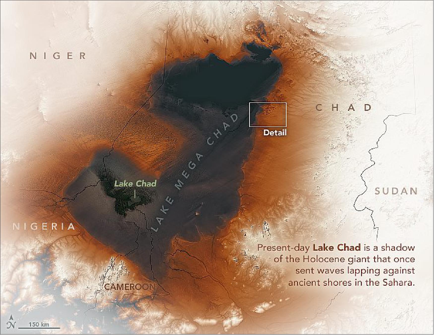 Figure 120: Superimposed images of SRTM (2000) and Landsat-8 data (2020). Elevation data from the Shuttle Radar Topography Mission (SRTM) reveals the former shorelines of the lake. In the map above, lower-elevation areas appear darker. An image from the Operational Land Imager (OLI) on Landsat-8 marks the location of the present-day lake. The elevation data highlights sand spits and beach ridges that formed along Lake Mega Chad’s northeastern shores [image credit: NASA Earth Observatory images by Joshua Stevens. using topographic data from the Shuttle Radar Topography Mission (SRTM) and Landsat data from the U.S. Geological Survey. Story by Adam Voiland]