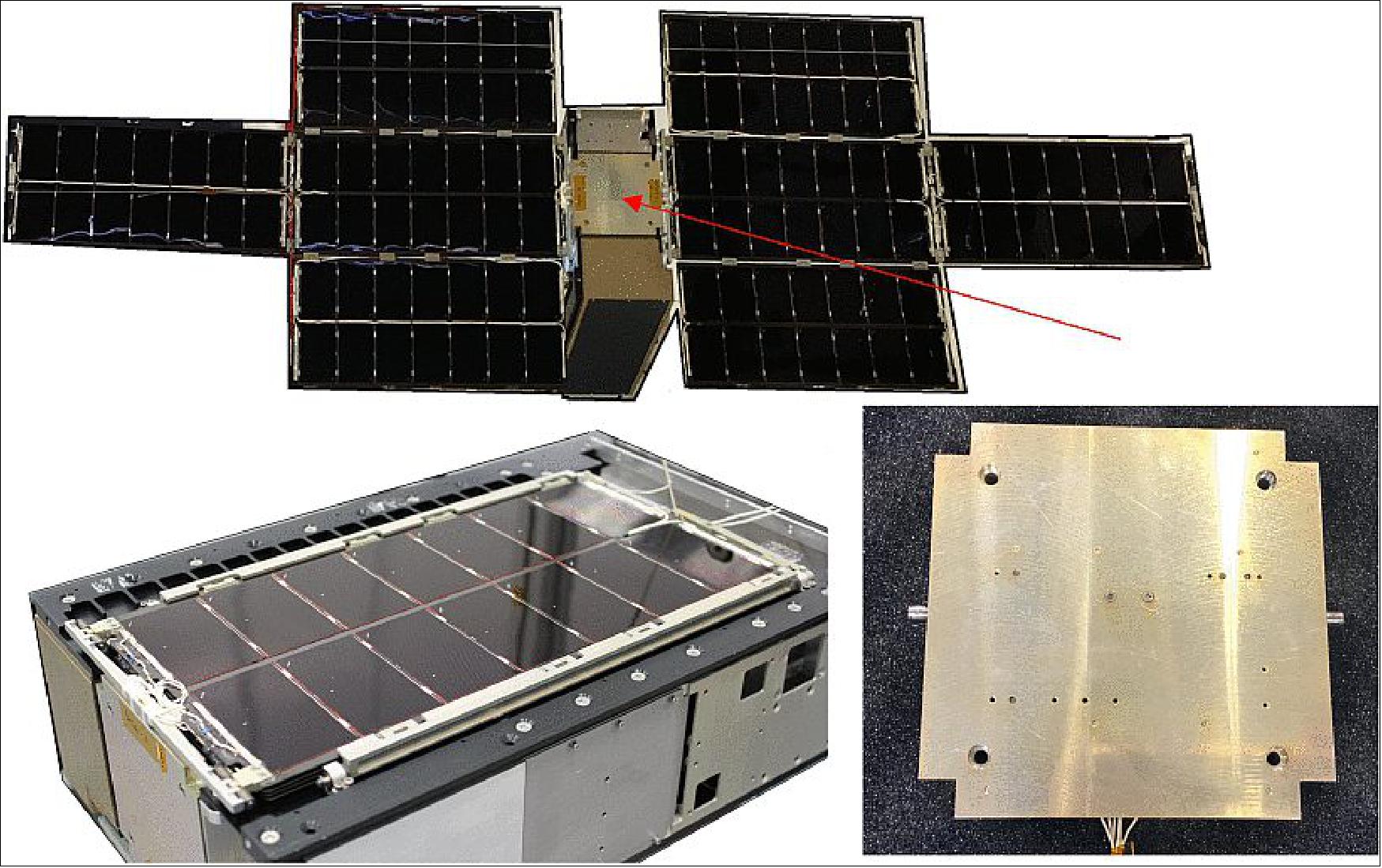 Figure 8: MMA design LunaH-map solar array. Existing 3-panel wing design (top). Wing and launch restraint scaled for stowed requirements (bottom left). Also showing solar array drive assembly (bottom right). The LunaH-Map eHaWK™ incorporates MMA’s patented CubeSat SADA (Solar Array Drive Assembly). This facilitated higher average orbital power and enables peak power tracking. The SADA features ±180º of actuation, up to 16 signal/power feed-through conductors per wing, and actuation speeds up to 0.188 revolutions per minute (image credit: ASU)