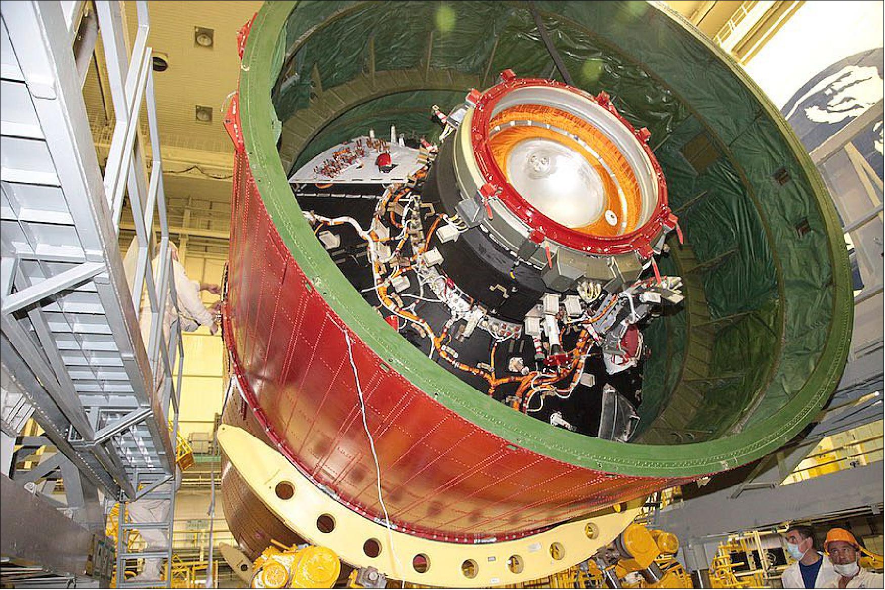 Figure 4: Russia’s Nauka science module is seen inside its shipping container after arriving at the Baikonur Cosmodrome in Kazakhstan on Aug. 19,2020 (image credit: Energia)